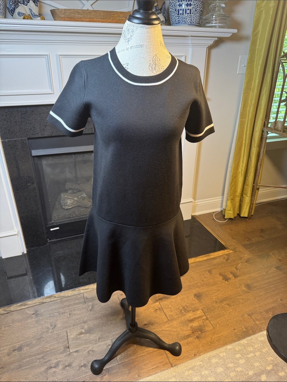 Black Knit Short-Sleeve Fit & Flare Dress with White Trim XS fits like L